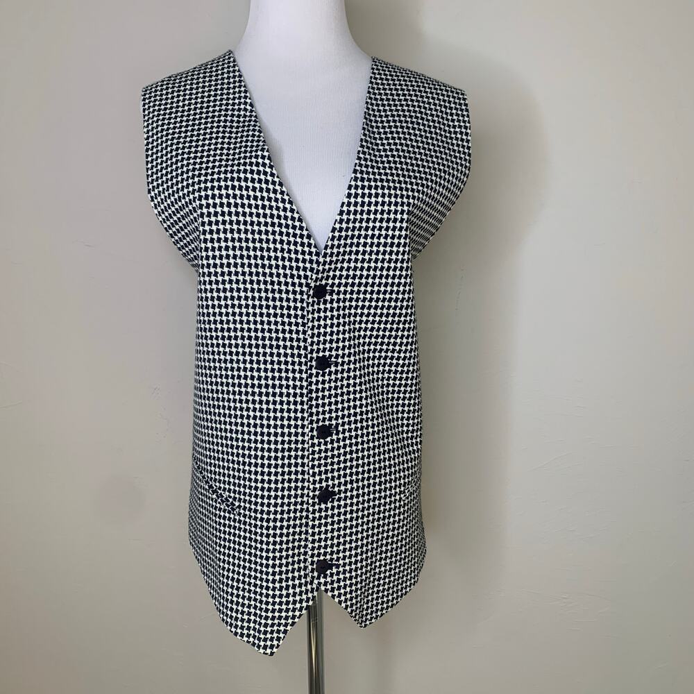 Vintage Black White Herringbone Vest Lined Sz XL